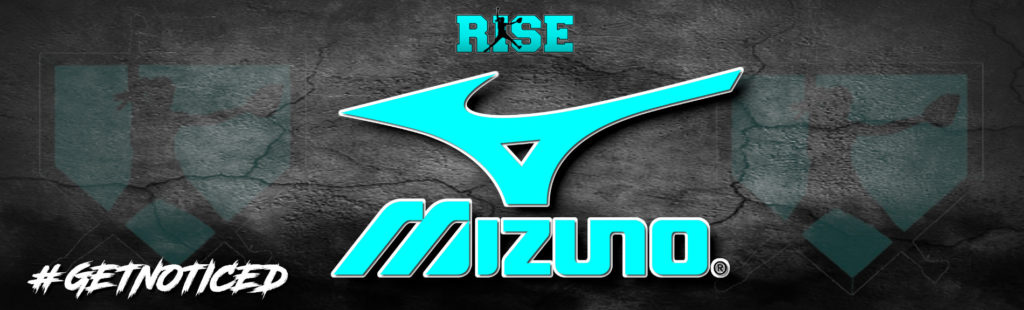 Blue Mizuno logo with 'RISE' text on a textured background.