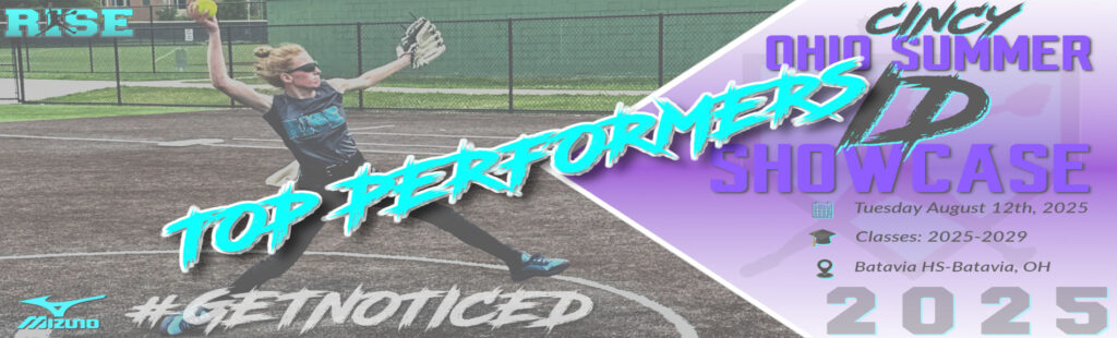 Softball player pitching at summer showcase.